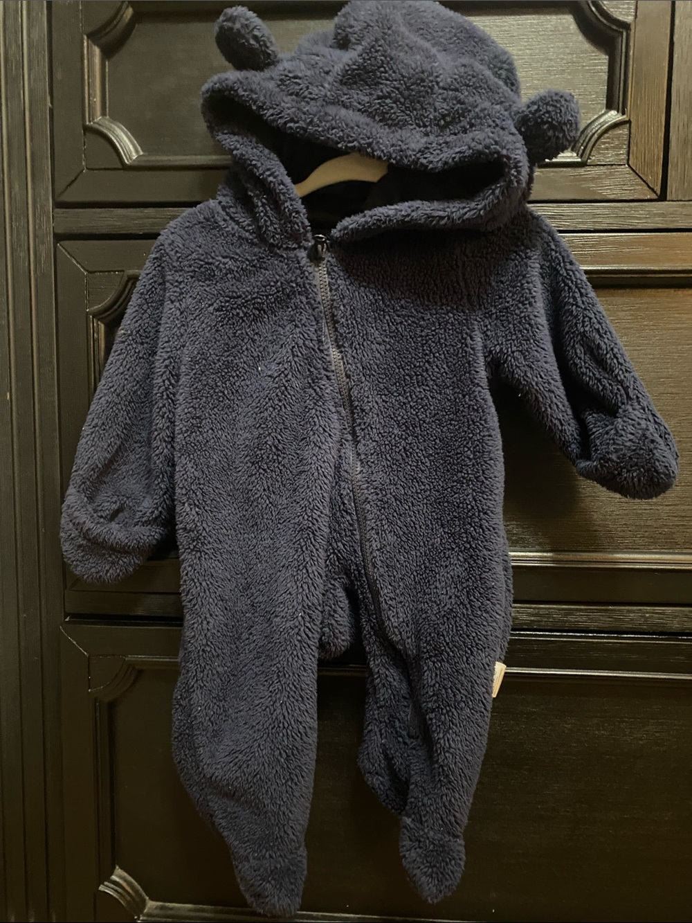 Plush Navy Baby One-Piece Hooded Footed Romper